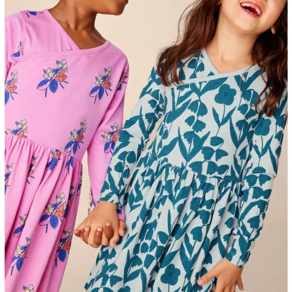 ~ Tea Dress, 5 Girls, Floral, Long Sleeve, Wrap, Pink Gray Purple Cotton Stretch